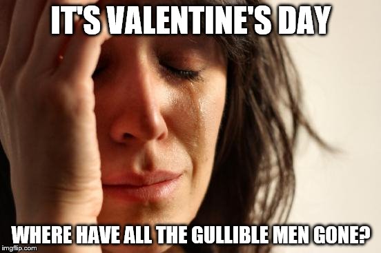 First World Problems | IT'S VALENTINE'S DAY; WHERE HAVE ALL THE GULLIBLE MEN GONE? | image tagged in memes,first world problems | made w/ Imgflip meme maker