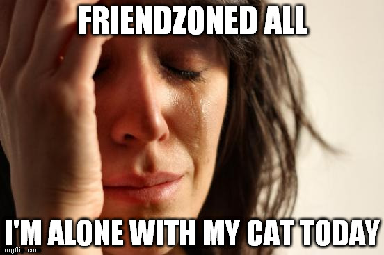 First World Problems | FRIENDZONED ALL; I'M ALONE WITH MY CAT TODAY | image tagged in memes,first world problems | made w/ Imgflip meme maker