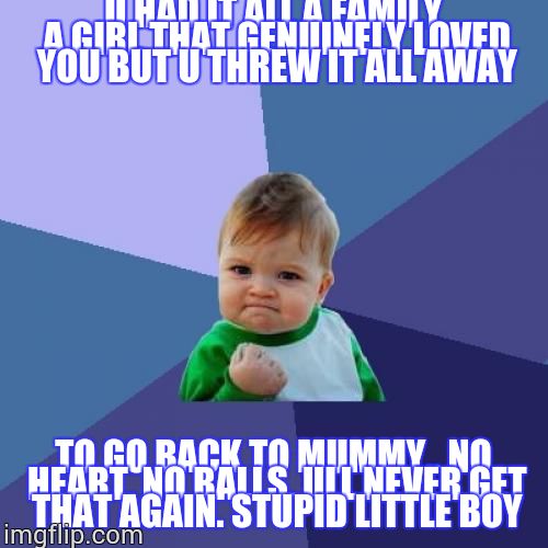 Success Kid Meme | U HAD IT ALL A FAMILY A GIRL THAT GENUINELY LOVED YOU BUT U THREW IT ALL AWAY; TO GO BACK TO MUMMY.. NO HEART, NO BALLS. ULL NEVER GET THAT AGAIN. STUPID LITTLE BOY | image tagged in memes,success kid | made w/ Imgflip meme maker