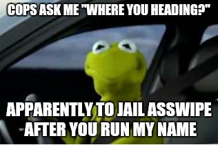 Kermit the frog | COPS ASK ME "WHERE YOU HEADING?"; APPARENTLY TO JAIL ASSWIPE AFTER YOU RUN MY NAME | image tagged in kermit the frog | made w/ Imgflip meme maker