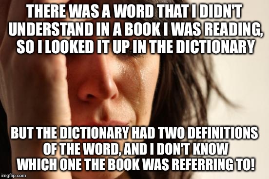 First World Problems | THERE WAS A WORD THAT I DIDN'T UNDERSTAND IN A BOOK I WAS READING, SO I LOOKED IT UP IN THE DICTIONARY; BUT THE DICTIONARY HAD TWO DEFINITIONS OF THE WORD, AND I DON'T KNOW WHICH ONE THE BOOK WAS REFERRING TO! | image tagged in memes,first world problems | made w/ Imgflip meme maker