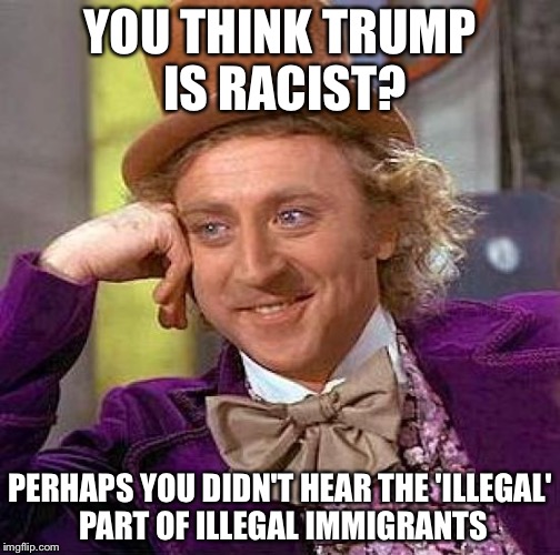 Creepy Condescending Wonka | YOU THINK TRUMP IS RACIST? PERHAPS YOU DIDN'T HEAR THE 'ILLEGAL' PART OF ILLEGAL IMMIGRANTS | image tagged in memes,creepy condescending wonka | made w/ Imgflip meme maker