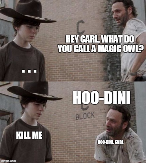 Rick and Carl | HEY CARL, WHAT DO YOU CALL A MAGIC OWL? . . . HOO-DINI; KILL ME; HOO-DINI, CARL | image tagged in memes,rick and carl | made w/ Imgflip meme maker
