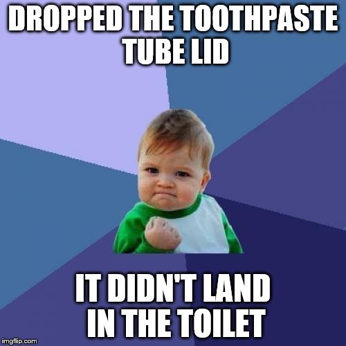 Why aren't all the lids flip top these days anyway? | DROPPED THE TOOTHPASTE TUBE LID; IT DIDN'T LAND IN THE TOILET | image tagged in memes,success kid,toothpaste | made w/ Imgflip meme maker