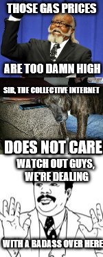 The Collective Internet | THOSE GAS PRICES; ARE TOO DAMN HIGH; SIR, THE COLLECTIVE INTERNET; DOES NOT CARE; WATCH OUT GUYS, WE'RE DEALING; WITH A BADASS OVER HERE | image tagged in too damn high,watch out guys | made w/ Imgflip meme maker