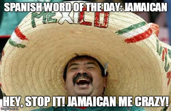 Happy Mexican | SPANISH WORD OF THE DAY: JAMAICAN; HEY, STOP IT! JAMAICAN ME CRAZY! | image tagged in happy mexican | made w/ Imgflip meme maker