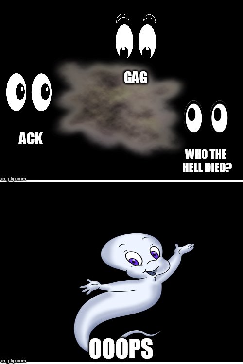 Suddenly "slimed" doesn't seem so bad. | GAG; ACK; WHO THE HELL DIED? OOOPS | image tagged in memes,funny,casper the friendly ghost,casper,another fart joke | made w/ Imgflip meme maker