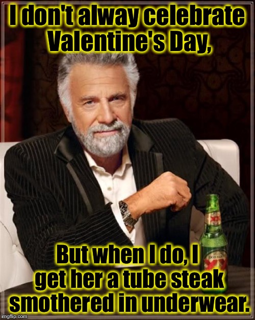 Must me a Most Interesting Man in the World Thing...... | I don't alway celebrate Valentine's Day, But when I do, I get her a tube steak smothered in underwear. | image tagged in memes,the most interesting man in the world,funny memes | made w/ Imgflip meme maker