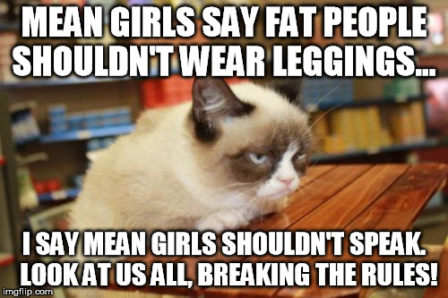 Grumpy Cat Table Meme | MEAN GIRLS SAY FAT PEOPLE SHOULDN'T WEAR LEGGINGS... I SAY MEAN GIRLS SHOULDN'T SPEAK. 
LOOK AT US ALL, BREAKING THE RULES! | image tagged in memes,grumpy cat table | made w/ Imgflip meme maker