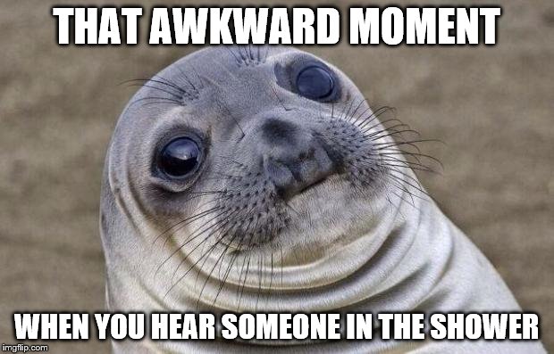 Awkward Moment Sealion | THAT AWKWARD MOMENT; WHEN YOU HEAR SOMEONE IN THE SHOWER | image tagged in memes,awkward moment sealion | made w/ Imgflip meme maker