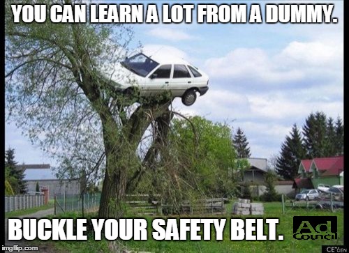 Only a Dummy can drive and park like this | YOU CAN LEARN A LOT FROM A DUMMY. BUCKLE YOUR SAFETY BELT. | image tagged in memes,secure parking | made w/ Imgflip meme maker