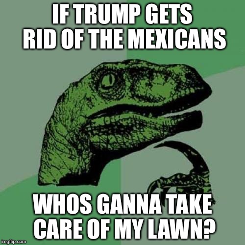 Philosoraptor Meme | IF TRUMP GETS RID OF THE MEXICANS; WHOS GANNA TAKE CARE OF MY LAWN? | image tagged in memes,philosoraptor | made w/ Imgflip meme maker