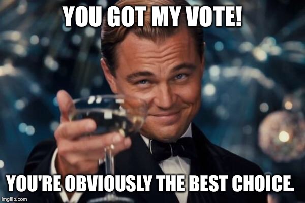 Leonardo Dicaprio Cheers Meme | YOU GOT MY VOTE! YOU'RE OBVIOUSLY THE BEST CHOICE. | image tagged in memes,leonardo dicaprio cheers | made w/ Imgflip meme maker