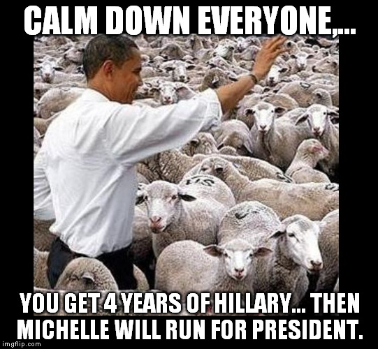 what the flock really wants... | CALM DOWN EVERYONE,... YOU GET 4 YEARS OF HILLARY... THEN MICHELLE WILL RUN FOR PRESIDENT. | image tagged in obama sheeple | made w/ Imgflip meme maker