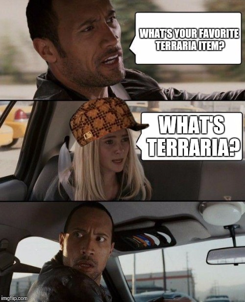 The Rock Driving Meme | WHAT'S YOUR FAVORITE TERRARIA ITEM? WHAT'S TERRARIA? | image tagged in memes,the rock driving,scumbag | made w/ Imgflip meme maker