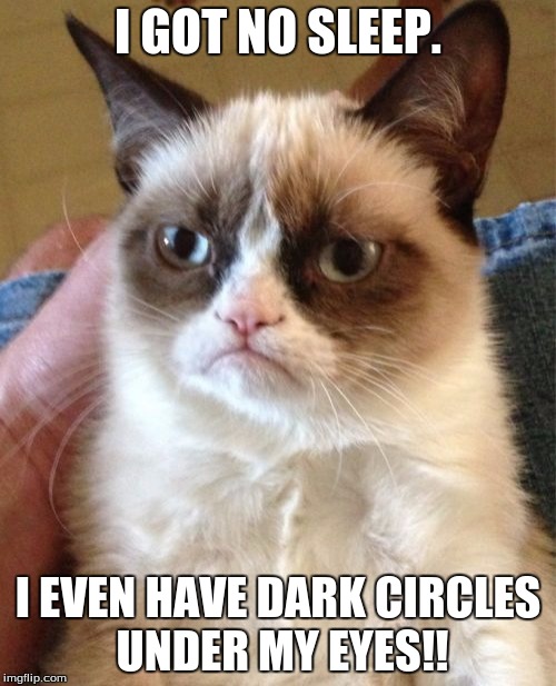 Grumpy Cat | I GOT NO SLEEP. I EVEN HAVE DARK CIRCLES UNDER MY EYES!! | image tagged in memes,grumpy cat | made w/ Imgflip meme maker