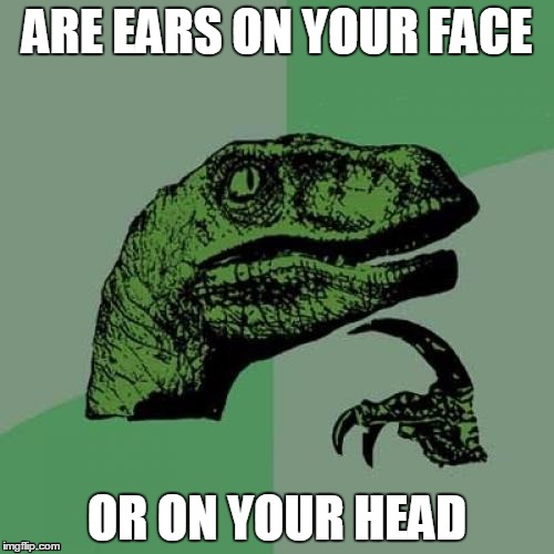 Philosoraptor | ARE EARS ON YOUR FACE; OR ON YOUR HEAD | image tagged in memes,philosoraptor,ears,face,head | made w/ Imgflip meme maker