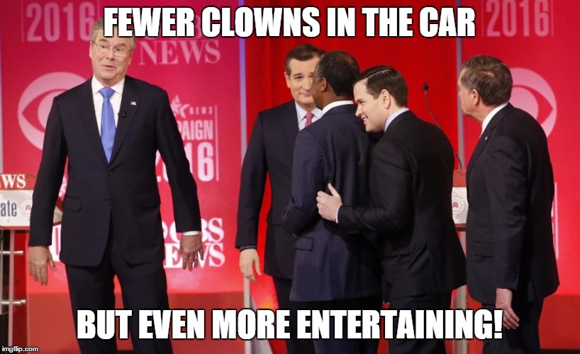 Dems gotta love it! | FEWER CLOWNS IN THE CAR; BUT EVEN MORE ENTERTAINING! | image tagged in republicans,clown car republicans,presidential race,democrats | made w/ Imgflip meme maker
