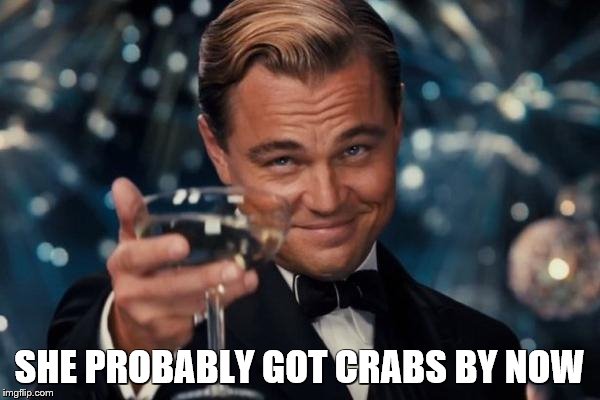 Leonardo Dicaprio Cheers Meme | SHE PROBABLY GOT CRABS BY NOW | image tagged in memes,leonardo dicaprio cheers | made w/ Imgflip meme maker
