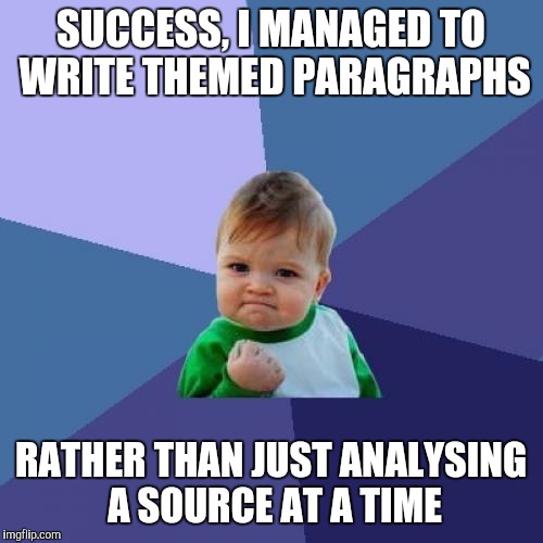 Success Kid Meme | SUCCESS, I MANAGED TO WRITE THEMED PARAGRAPHS; RATHER THAN JUST ANALYSING A SOURCE AT A TIME | image tagged in memes,success kid | made w/ Imgflip meme maker