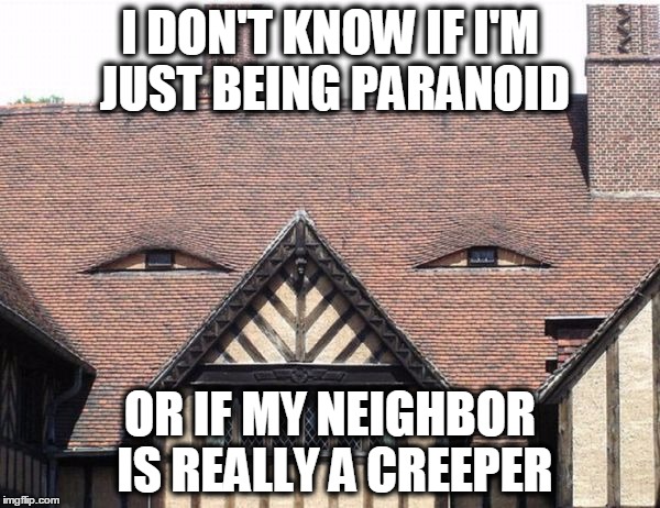 I always feel like that dude is watching meeeeeeeee... | I DON'T KNOW IF I'M JUST BEING PARANOID; OR IF MY NEIGHBOR IS REALLY A CREEPER | image tagged in memes,funny,house,do i need help | made w/ Imgflip meme maker