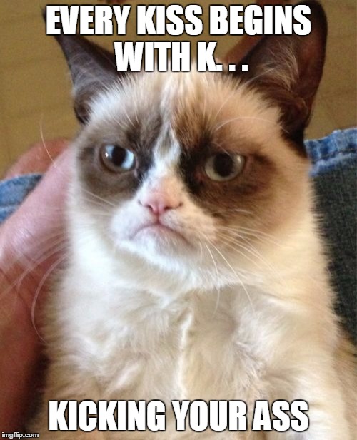 Grumpy Cat | EVERY KISS BEGINS WITH K. . . KICKING YOUR ASS | image tagged in memes,grumpy cat,love | made w/ Imgflip meme maker
