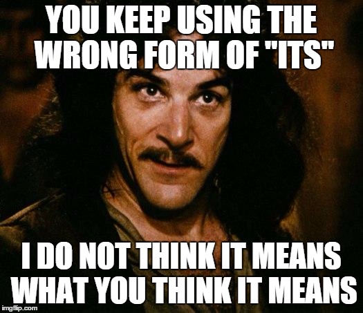 Inigo Montoya | YOU KEEP USING THE WRONG FORM OF "ITS"; I DO NOT THINK IT MEANS WHAT YOU THINK IT MEANS | image tagged in memes,inigo montoya | made w/ Imgflip meme maker