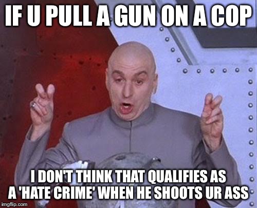 Dr Evil Laser Meme | IF U PULL A GUN ON A COP; I DON'T THINK THAT QUALIFIES AS A 'HATE CRIME' WHEN HE SHOOTS UR ASS | image tagged in memes,dr evil laser | made w/ Imgflip meme maker