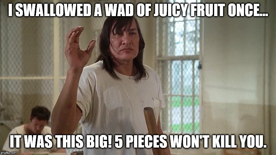 I SWALLOWED A WAD OF JUICY FRUIT ONCE... IT WAS THIS BIG! 5 PIECES WON'T KILL YOU. | made w/ Imgflip meme maker