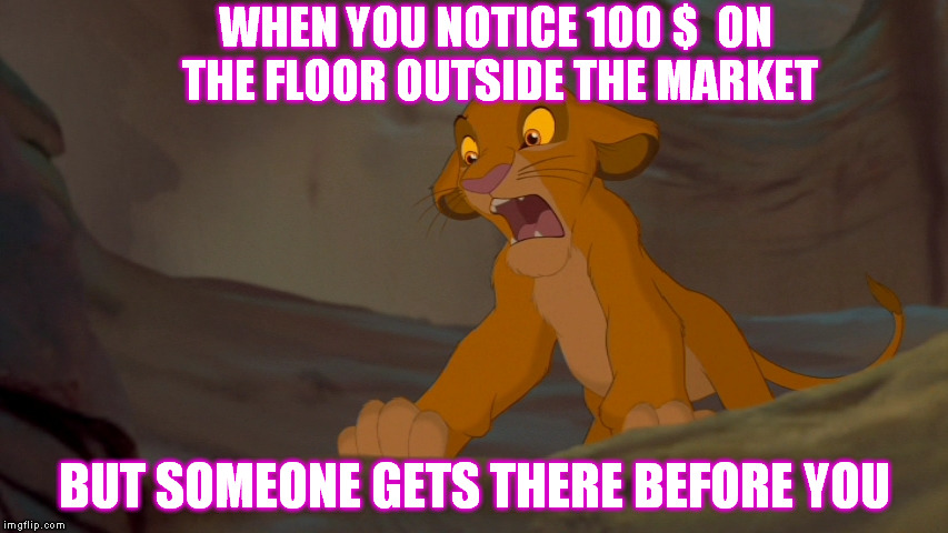 Nooooooo!  | WHEN YOU NOTICE 100 $  ON THE FLOOR OUTSIDE THE MARKET; BUT SOMEONE GETS THERE BEFORE YOU | image tagged in simba,memes | made w/ Imgflip meme maker