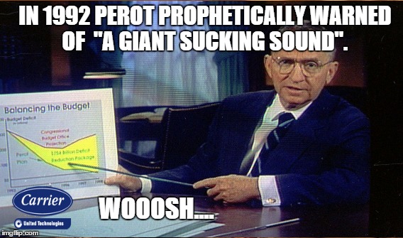 Carrier Ships 2100 Jobs to Mexico | IN 1992 PEROT PROPHETICALLY WARNED OF  "A GIANT SUCKING SOUND". WOOOSH.... | image tagged in corporatization,bad trade policy | made w/ Imgflip meme maker