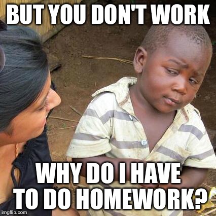 Third World Skeptical Kid Meme | BUT YOU DON'T WORK WHY DO I HAVE TO DO HOMEWORK? | image tagged in memes,third world skeptical kid | made w/ Imgflip meme maker