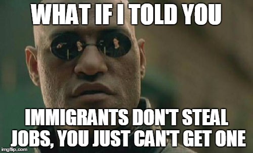 Matrix Morpheus | WHAT IF I TOLD YOU; IMMIGRANTS DON'T STEAL JOBS, YOU JUST CAN'T GET ONE | image tagged in memes,matrix morpheus | made w/ Imgflip meme maker