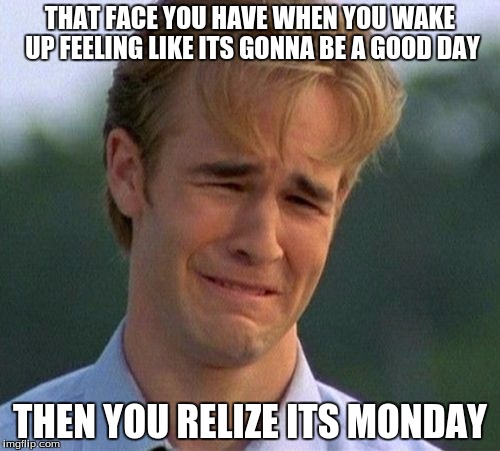 1990s First World Problems Meme | THAT FACE YOU HAVE WHEN YOU WAKE UP FEELING LIKE ITS GONNA BE A GOOD DAY; THEN YOU RELIZE ITS MONDAY | image tagged in memes,1990s first world problems | made w/ Imgflip meme maker