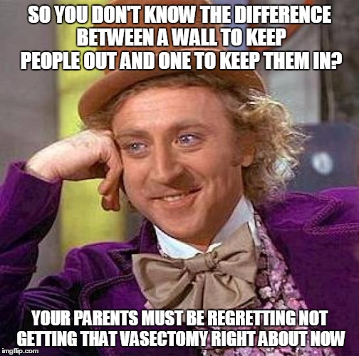 Creepy Condescending Wonka Meme | SO YOU DON'T KNOW THE DIFFERENCE BETWEEN A WALL TO KEEP PEOPLE OUT AND ONE TO KEEP THEM IN? YOUR PARENTS MUST BE REGRETTING NOT GETTING THAT | image tagged in memes,creepy condescending wonka | made w/ Imgflip meme maker