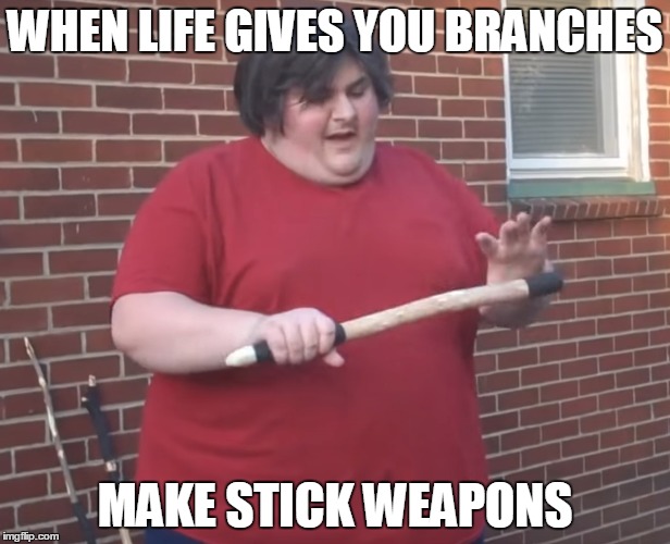 When Life Gives you branches, make stick weapons meme | WHEN LIFE GIVES YOU BRANCHES; MAKE STICK WEAPONS | image tagged in memes,funny,fat kid,samurai | made w/ Imgflip meme maker