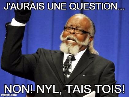 Too Damn High Meme | J'AURAIS UNE QUESTION... NON! NYL, TAIS TOIS! | image tagged in memes,too damn high | made w/ Imgflip meme maker