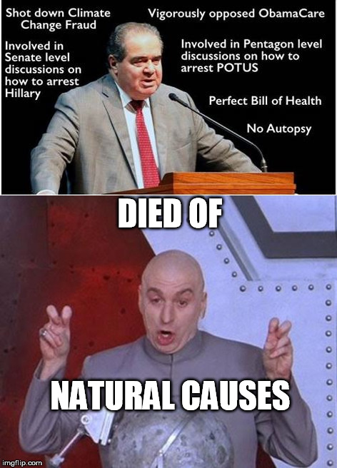 Sure he did | DIED OF; NATURAL CAUSES | image tagged in memes,scalia,conspiracy,dr evil air quotes,dr evil laser | made w/ Imgflip meme maker