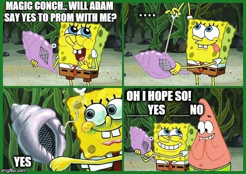 Magic conch | . . . . MAGIC CONCH.. WILL ADAM SAY
YES TO PROM
WITH ME? OH I HOPE SO!
     ___YES  ___NO; YES | image tagged in magic conch | made w/ Imgflip meme maker