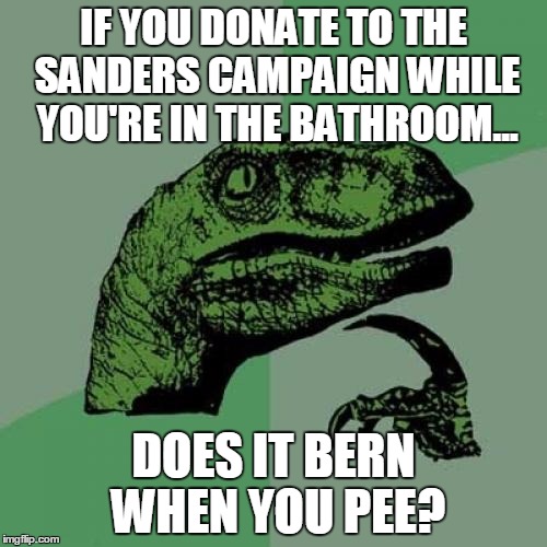 Feel the Bern! | IF YOU DONATE TO THE SANDERS CAMPAIGN WHILE YOU'RE IN THE BATHROOM... DOES IT BERN WHEN YOU PEE? | image tagged in memes,philosoraptor | made w/ Imgflip meme maker