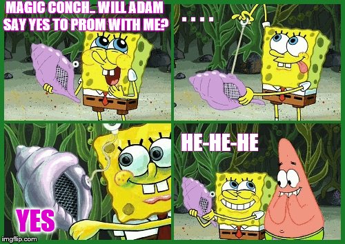 Magic conch | MAGIC CONCH.. WILL ADAM SAY YES TO PROM WITH ME? . . . . HE-HE-HE; YES | image tagged in magic conch | made w/ Imgflip meme maker