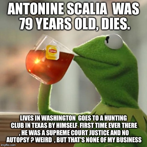 Go to Texas , and die!  | ANTONINE SCALIA  WAS 79 YEARS OLD, DIES. LIVES IN WASHINGTON  GOES TO A HUNTING CLUB IN TEXAS BY HIMSELF  FIRST TIME EVER THERE , HE WAS A SUPREME COURT JUSTICE AND NO AUTOPSY ? WEIRD  , BUT THAT'S NONE OF MY BUSINESS | image tagged in memes,but thats none of my business,kermit the frog | made w/ Imgflip meme maker