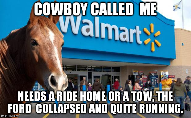 Walmart Horse | COWBOY CALLED  ME; NEEDS A RIDE HOME OR A TOW, THE FORD  COLLAPSED AND QUITE RUNNING. | image tagged in walmart horse | made w/ Imgflip meme maker