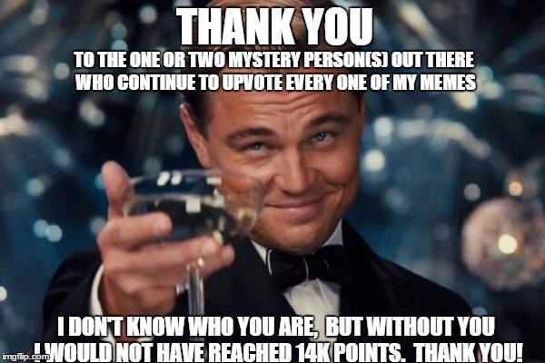 Leonardo Dicaprio Cheers Meme | THANK YOU; TO THE ONE OR TWO MYSTERY PERSON(S) OUT THERE WHO CONTINUE TO UPVOTE EVERY ONE OF MY MEMES; I DON'T KNOW WHO YOU ARE,  BUT WITHOUT YOU I WOULD NOT HAVE REACHED 14K POINTS.  THANK YOU! | image tagged in memes,leonardo dicaprio cheers | made w/ Imgflip meme maker