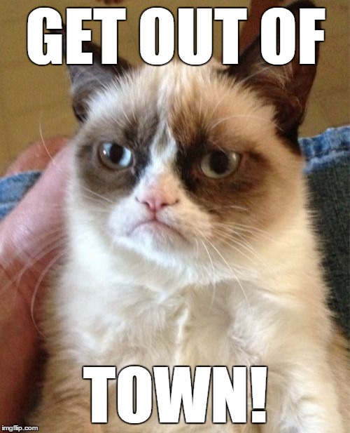 Grumpy Cat Meme | GET OUT OF TOWN! | image tagged in memes,grumpy cat | made w/ Imgflip meme maker