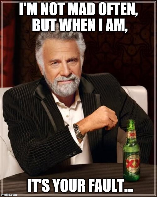 The Most Interesting Man In The World Meme | I'M NOT MAD OFTEN, BUT WHEN I AM, IT'S YOUR FAULT... | image tagged in memes,the most interesting man in the world | made w/ Imgflip meme maker