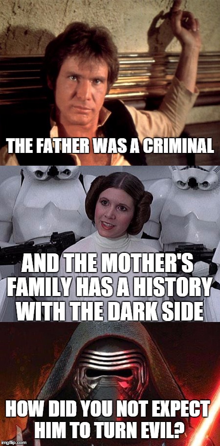 Seriously | THE FATHER WAS A CRIMINAL; AND THE MOTHER'S FAMILY HAS A HISTORY WITH THE DARK SIDE; HOW DID YOU NOT EXPECT HIM TO TURN EVIL? | image tagged in star wars,star wars the force awakens,kylo ren | made w/ Imgflip meme maker