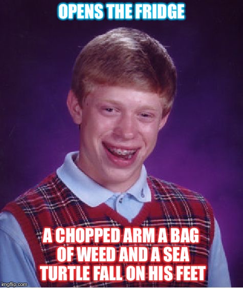 Bad Luck Brian | OPENS THE FRIDGE; A CHOPPED ARM A BAG OF WEED AND A SEA TURTLE FALL ON HIS FEET | image tagged in memes,bad luck brian | made w/ Imgflip meme maker