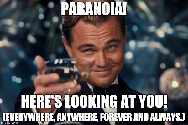 Leonardo Dicaprio Cheers Meme | PARANOIA! HERE'S LOOKING AT YOU! (EVERYWHERE, ANYWHERE, FOREVER AND ALWAYS.) | image tagged in memes,leonardo dicaprio cheers | made w/ Imgflip meme maker