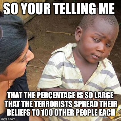 Third World Skeptical Kid Meme | SO YOUR TELLING ME THAT THE PERCENTAGE IS SO LARGE THAT THE TERRORISTS SPREAD THEIR BELIEFS TO 100 OTHER PEOPLE EACH | image tagged in memes,third world skeptical kid | made w/ Imgflip meme maker